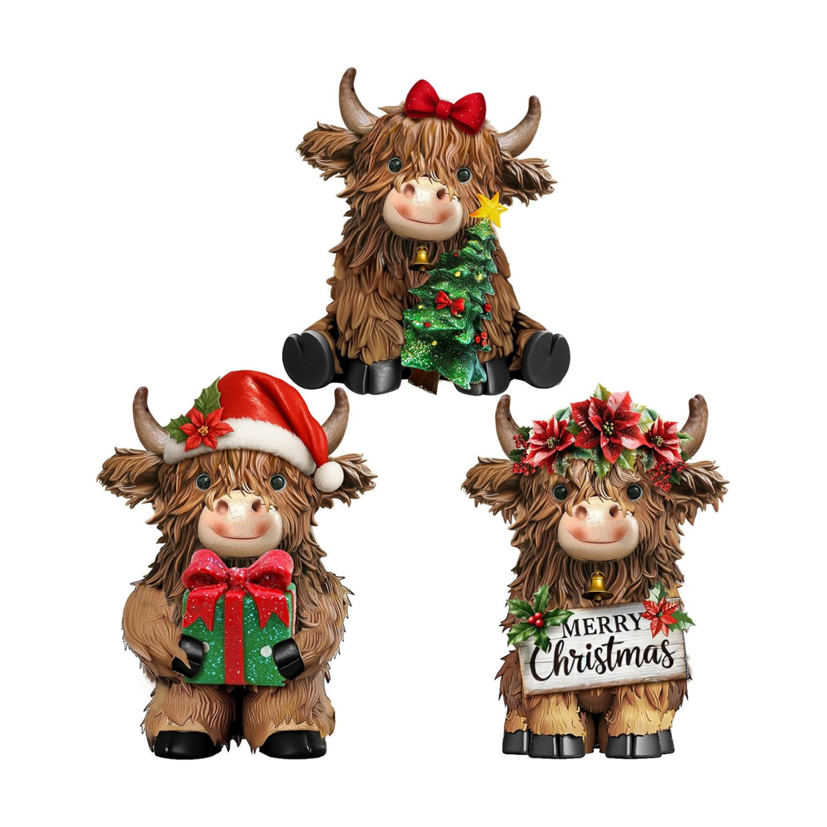 3 Pcs Christmas Highland Cow Figurine Decor, Resin Christmas Decor
