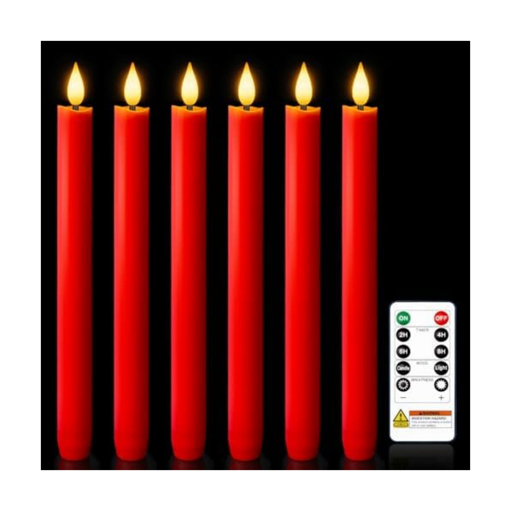 Homemory 6 Pcs Real Wax LED Red Flameless Taper Candles with Remote Timer, 9.6 Inches Fake Candlesticks, Dripless Battery Operated Window Candle with 3D Flickering Flame for Fireplace Xmas Decor