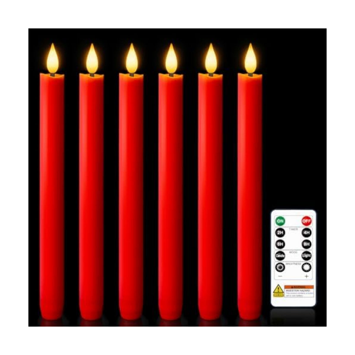 Homemory 6 Pcs Real Wax LED Red Flameless Taper Candles with Remote Timer, 9.6 Inches Fake Candlesticks, Dripless Battery Operated Window Candle with 3D Flickering Flame for Fireplace Xmas Decor