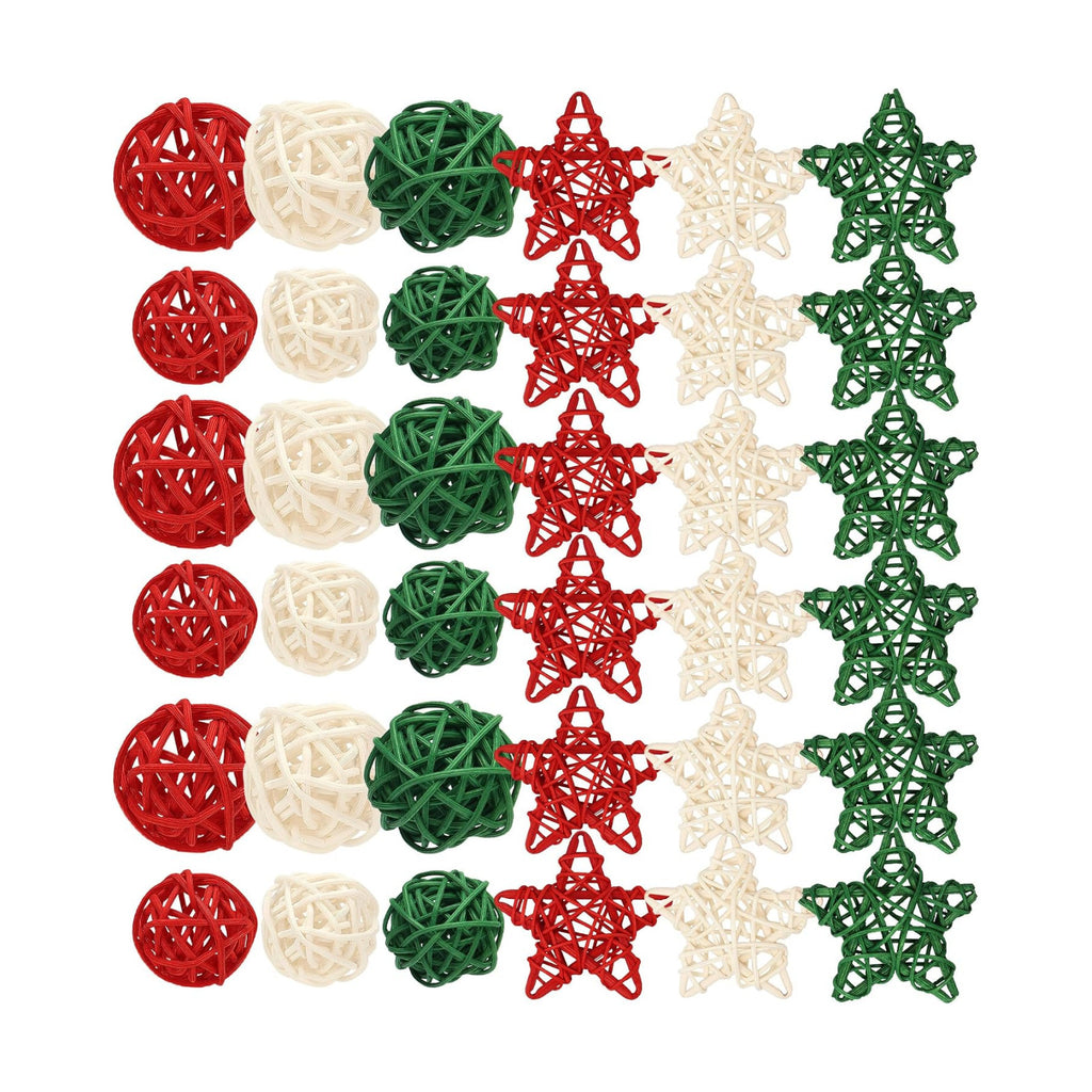 Lucleag 36Pcs Christmas Rattan Balls Star Decorations, Red White Green Natural Wicker Balls Star Ornament Vase Filler DIY Craft with Hemp Rope for Xmas Tree Home Table Decorations Party Supplies