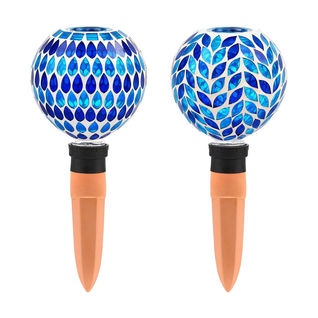 VOREEN Blue Mosaic Self Watering Globes 2 Pack, 500ml Handmade Glass Terracotta Plant Spikes, Automatic Self Watering