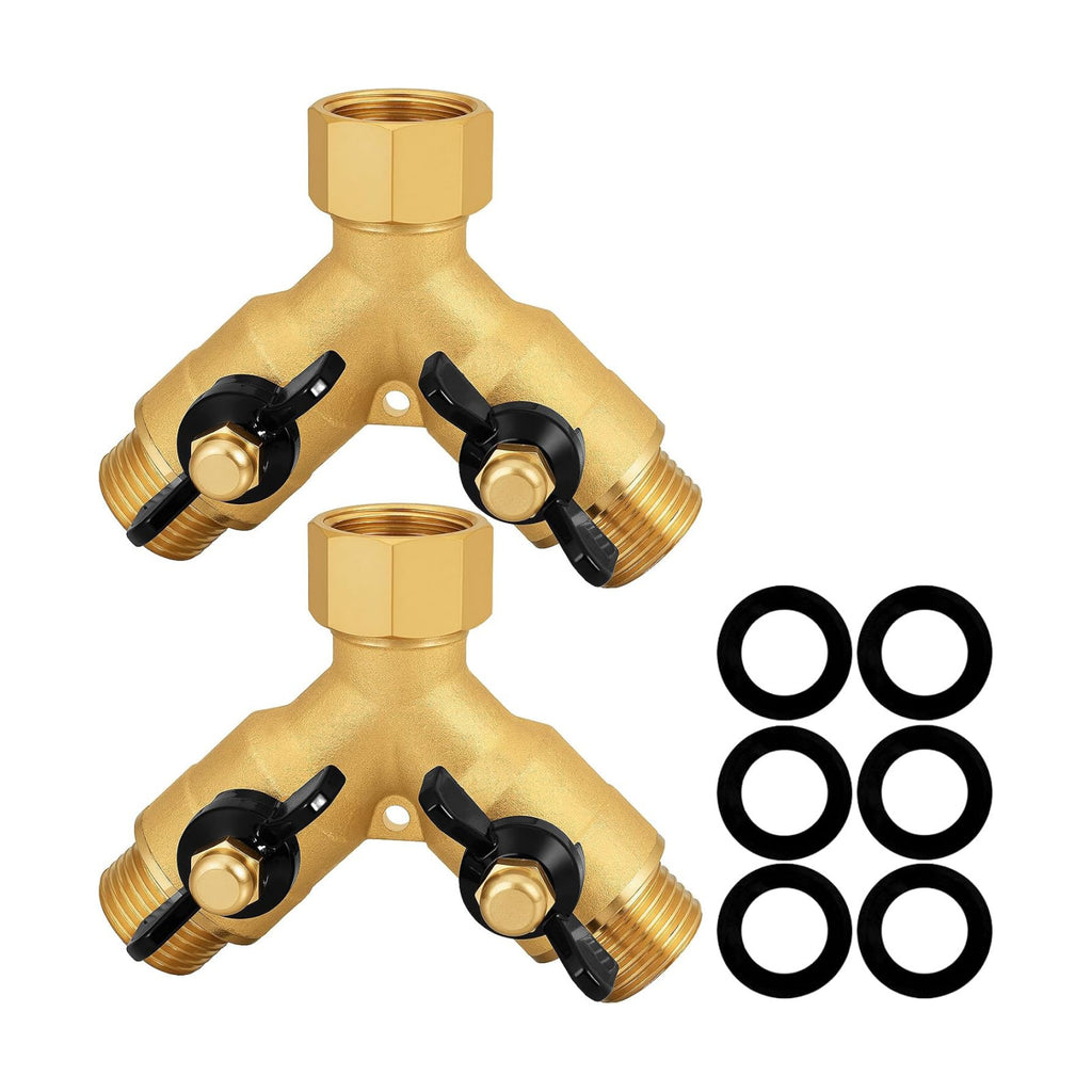 Heavy-Duty Brass 2-Way High-Flow Garden Hose Splitter, Outdoor Faucet Y-Valve Diverter Connector with Butterfly Handle