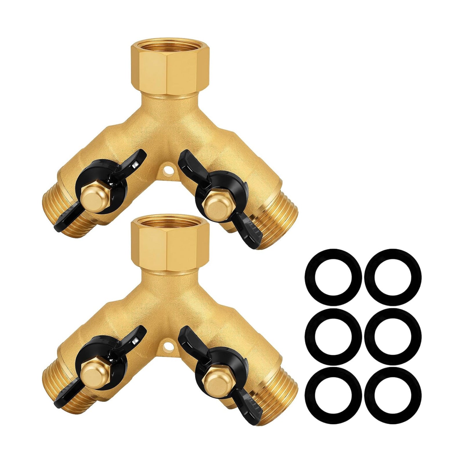 Heavy-Duty Brass 2-Way High-Flow Garden Hose Splitter, Outdoor Faucet Y-Valve Diverter Connector with Butterfly Handle