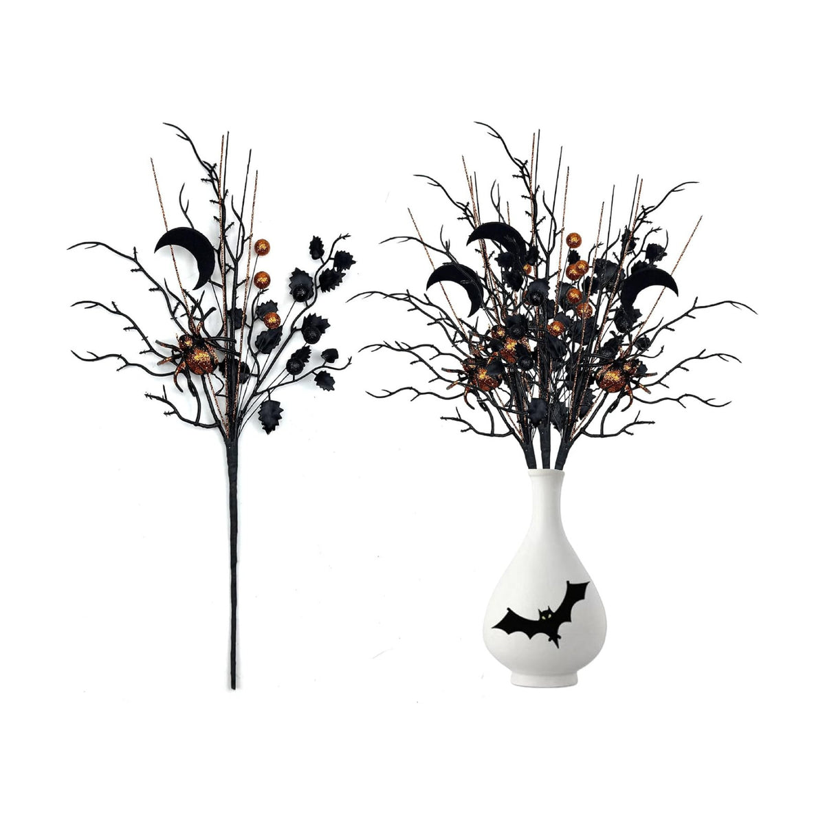 3 Pack Artificial Halloween Floral Picks Purple Orange Black Berry Stems Halloween Tree Branches with Glitter Ball for Halloween Party Flower Arrangement Centerpieces (Orange)