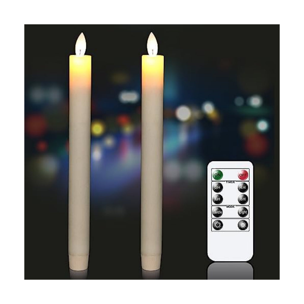 GenSwin Battery Operated Ivory Flameless Taper Candles with Remote & Timer, Moving Wick Real Wax Window Flickering LED Candles Christmas Decoration(0.78 x 9.5 Inches, Set of 2)