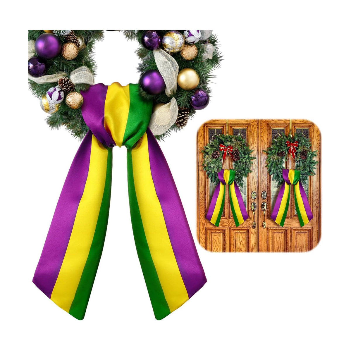 VitalCozy 2 Pcs Wreath Sash for Front Door, Mardi Gras