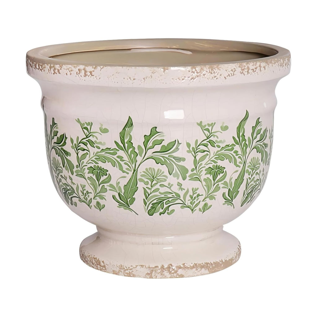 Vintage Ceramic Planter Pot with Drainage, 6.8 Inch Large Crackle Glaze Flower Pot with Green Floral Leaf Pattern for