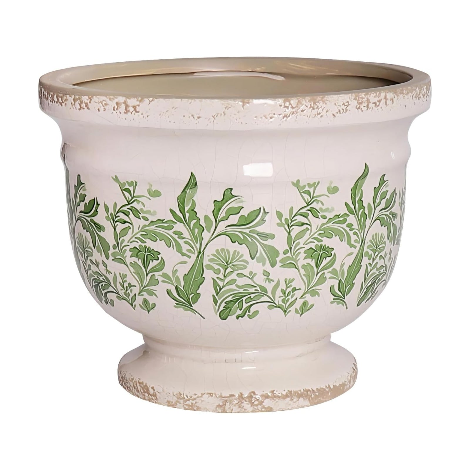Vintage Ceramic Planter Pot with Drainage, 6.8 Inch Large Crackle Glaze Flower Pot with Green Floral Leaf Pattern for