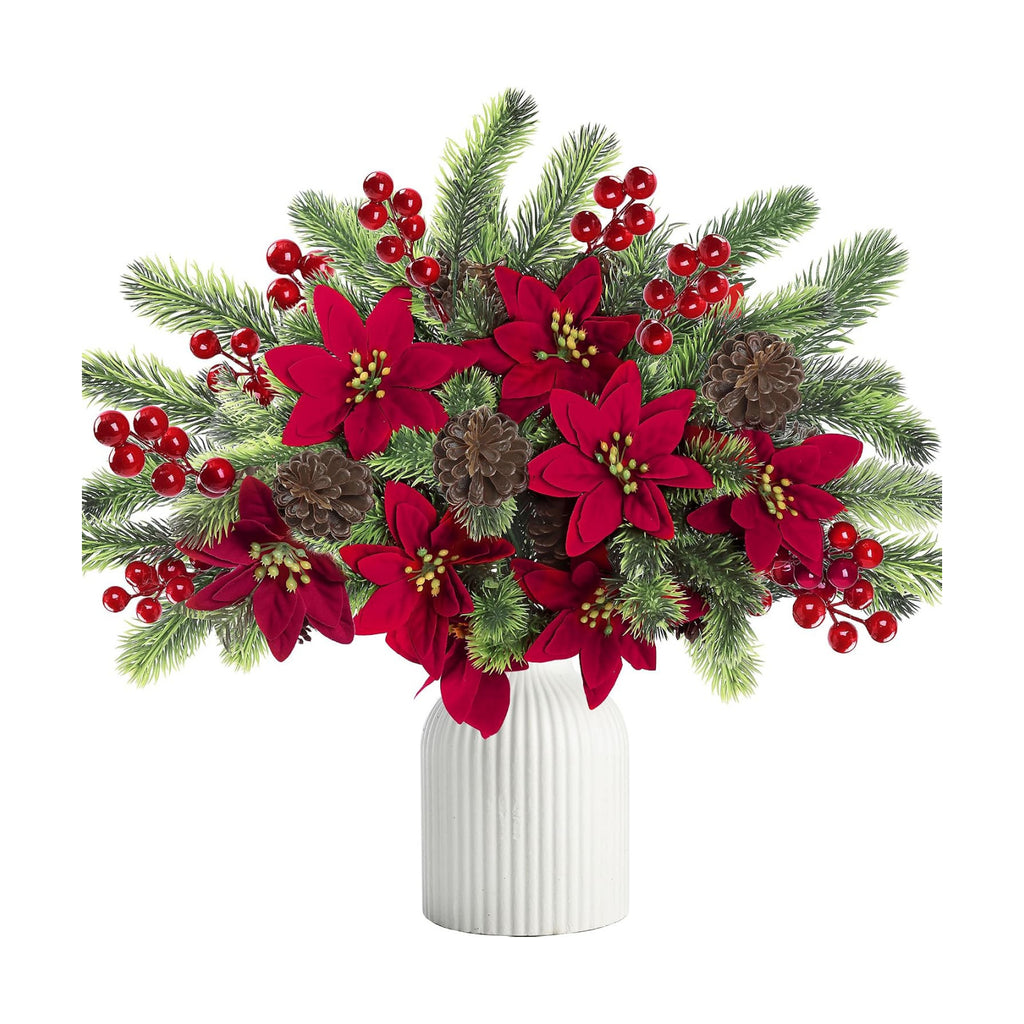 Sggvecsy 6Pcs Christmas Flowers Artificial Pine Branches Poinsettia Floral Picks 14’’ Red Berry Stems with Pinecones for Home Porch Garden Indoor Outdoor Holiday Xmas Decorations