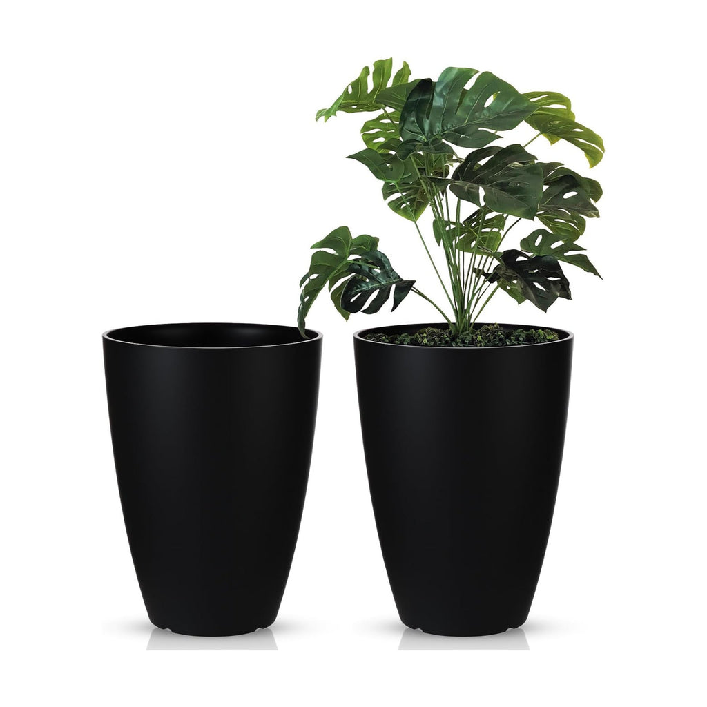 2 Pack 14 Inch Tall Planters for Outdoor Indoor Plants, Black Round Resin Plant Flower Pots with Drainage Hole for
