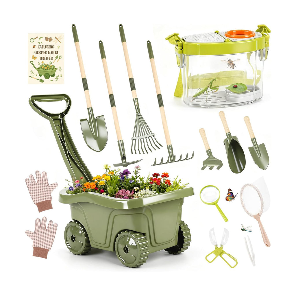 Dreamon Kids Gardening Set, 14Pcs Kids Gardening Tool with Bug Catching Kit | 2-in-1 Outdoor Toys with Wheelbarrow and
