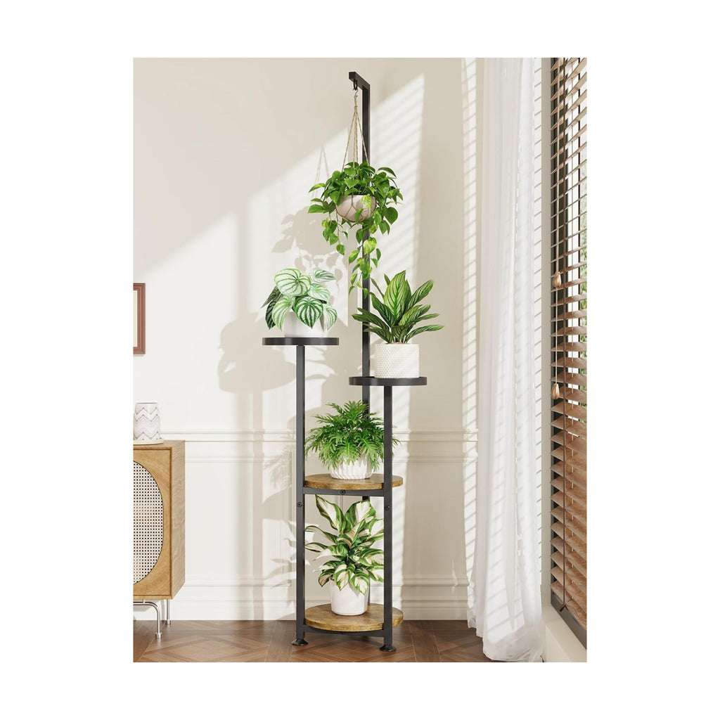 iDavosic.ly Hanging Plant Stand Indoor, 4 Tier 62 Inch Tall, Black & Brown | Vertical Corner Metal Flower Shelf with