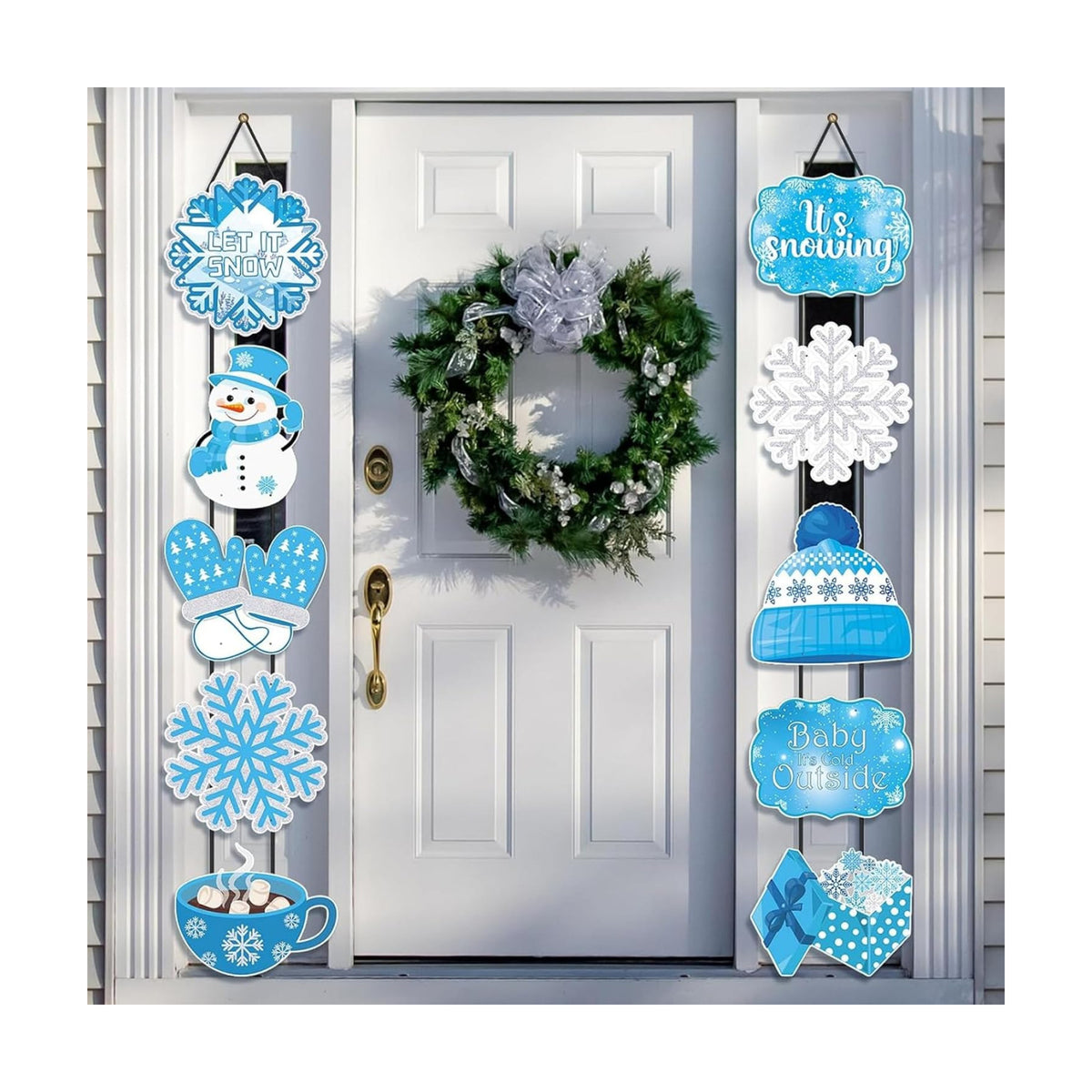 CroBlissful 2 Sets 10 Pcs Christmas Welcome Winter Porch Sign, Blue