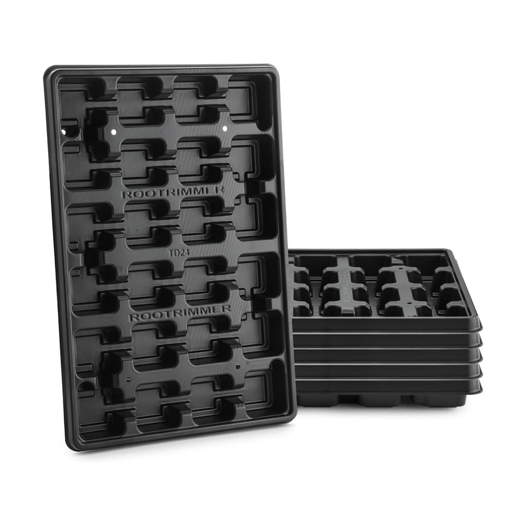 24 Cell Nursery Pots Trays 5 Pack (17"x11"x1.6"), Reusable Plant Pot Tray for Holding 2.8 inch (7CM) Square Nursery Pots, Durable Plastic Carrying Seed Starter Tray with Drain Holes (Black)