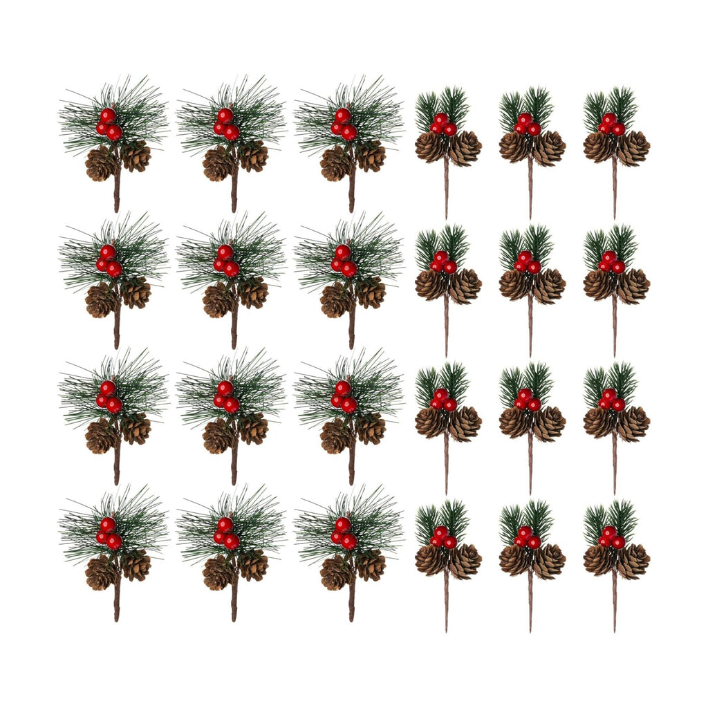 24 PCS Artificial Pine Picks with Pine Needles Branches & Red Berry Stems - 3.15'' Small Fake Berries Pinecones for Crafts, Christmas Tree DIY, Holiday Wreath Decor