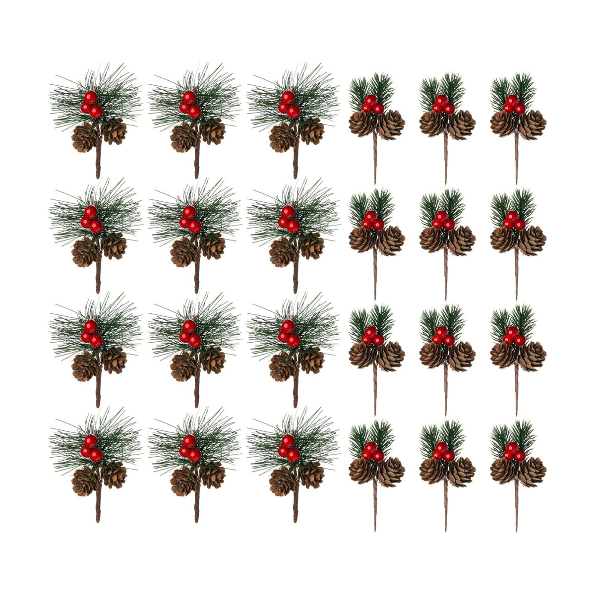 24 PCS Artificial Pine Picks with Pine Needles Branches & Red Berry Stems - 3.15'' Small Fake Berries Pinecones for Crafts, Christmas Tree DIY, Holiday Wreath Decor