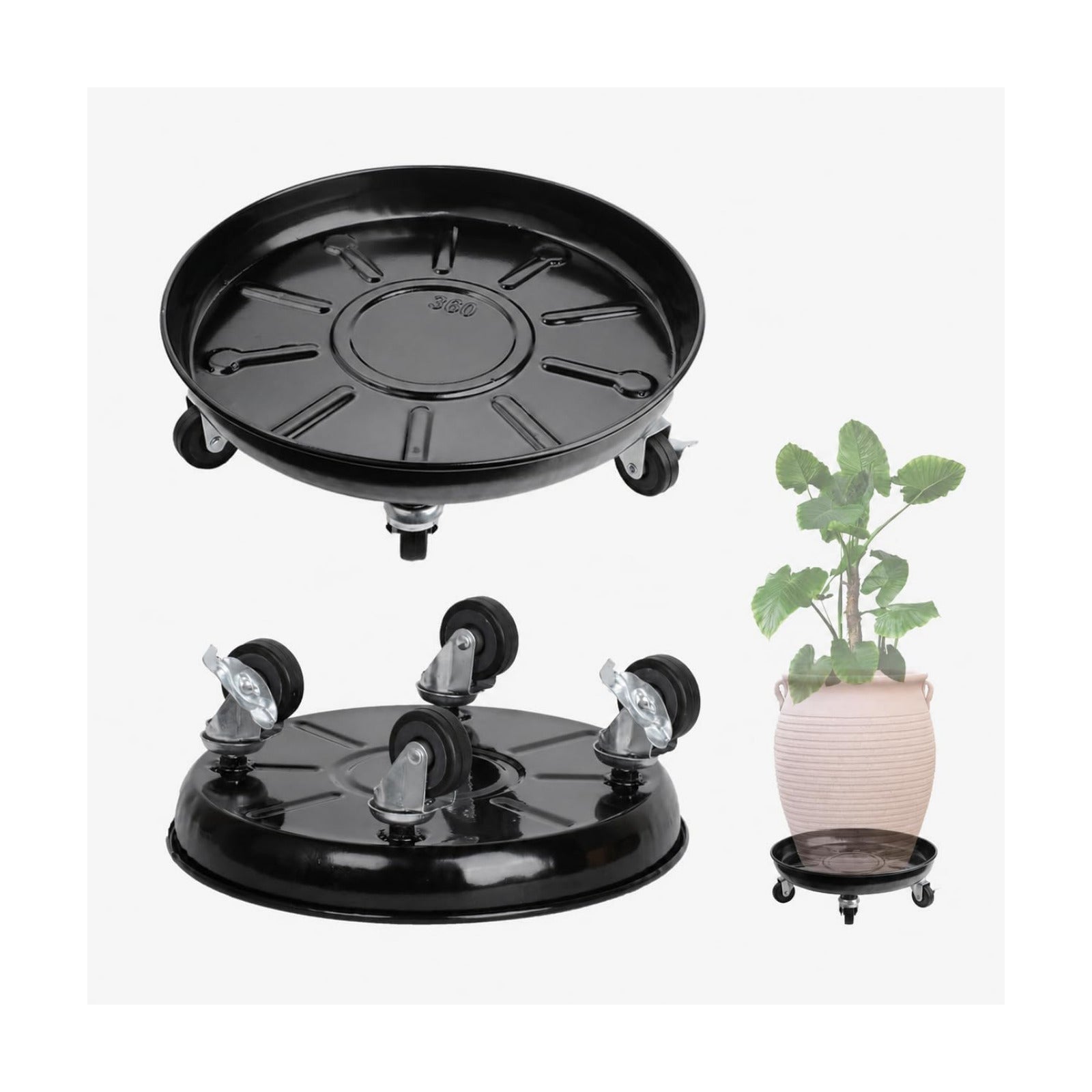 3 Pack Metal Plant Caddy with Wheels 12 Inch Black, Round Rolling Heavy Duty Plant Dolly, Heavy Plant Pot Mover