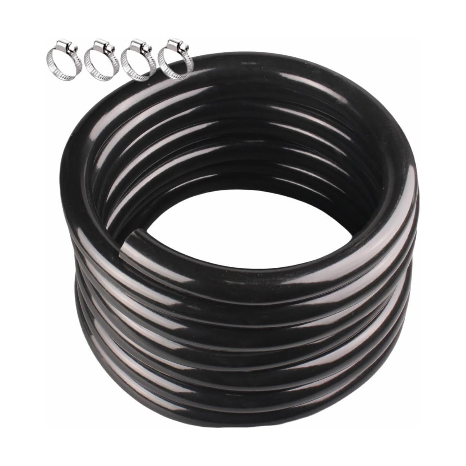 Black Vinyl Tubing 1/2" ID × 5/8" OD - 50 ft PVC Flexible Plastic Tube Hybrid Hose with 4 Stainless Clamps, Transfer