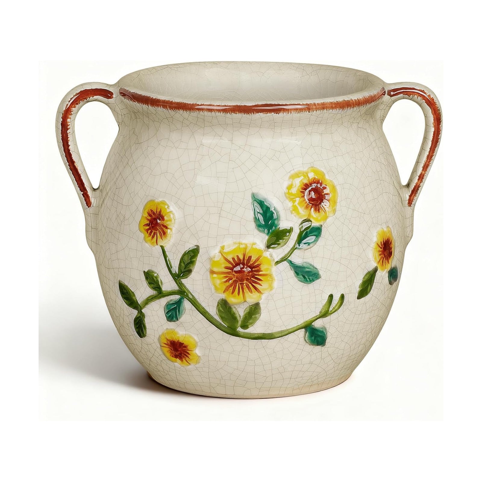 EFISPSS 6 Inch Vintage Ceramic Flower Pot with Relief Design & Handles,Ceramic Cracked Flower Pot with Drainage Hole