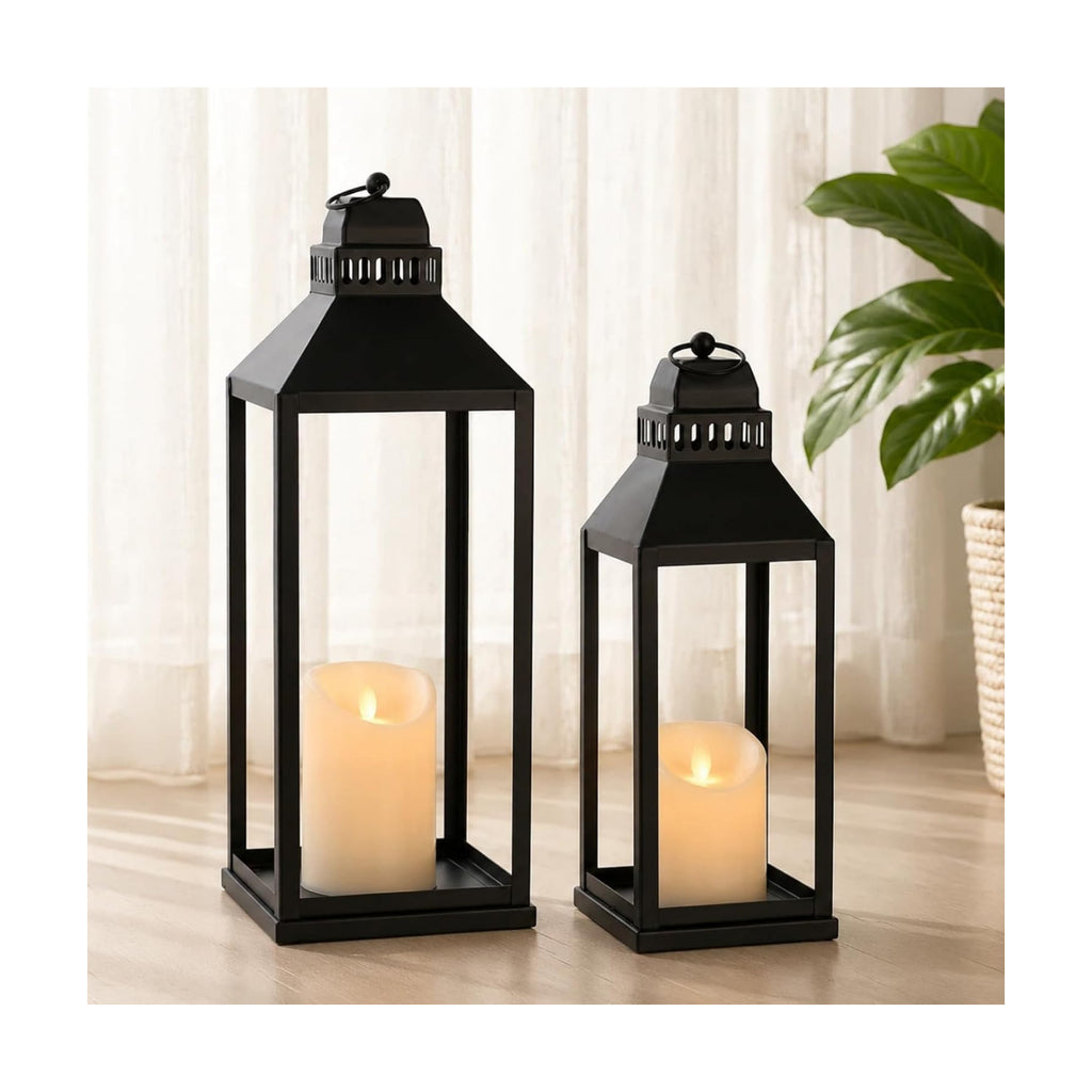 Decorative Lanterns Indoor Outdoor, 2Pcs 17" 13" Black Lantern with Candles