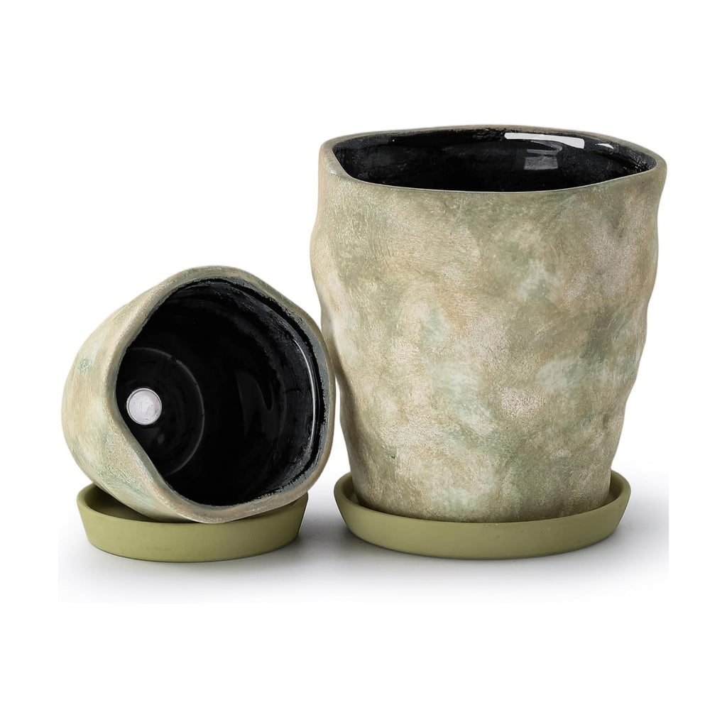 4+6 Inch Ceramic Planter Set of 2 with Drainage Hole,Saucer for Plants, Indoor-Outdoor Large Round Succulent Orchid