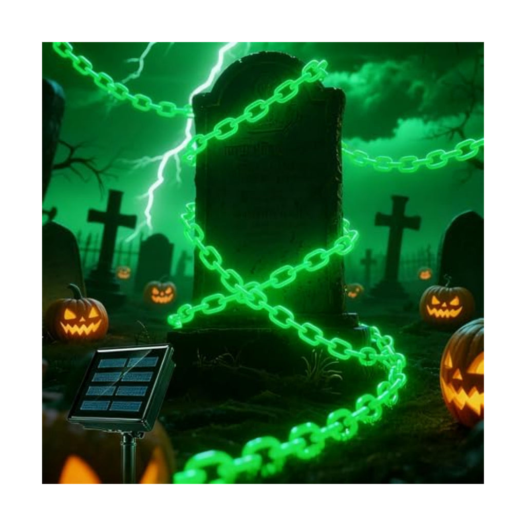 Solar Halloween Decorations Outdoor, 10FT Green Chain String Lights with 8 Modes, Waterproof Halloween Lights Outdoor for Haunted House Party Cosplay Props Skeleton Dog Yard Fence