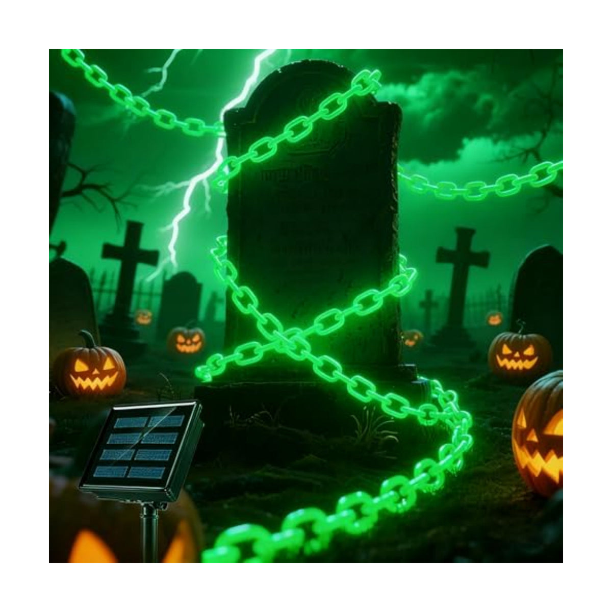 Solar Halloween Decorations Outdoor, 10FT Green Chain String Lights with 8 Modes, Waterproof Halloween Lights Outdoor for Haunted House Party Cosplay Props Skeleton Dog Yard Fence