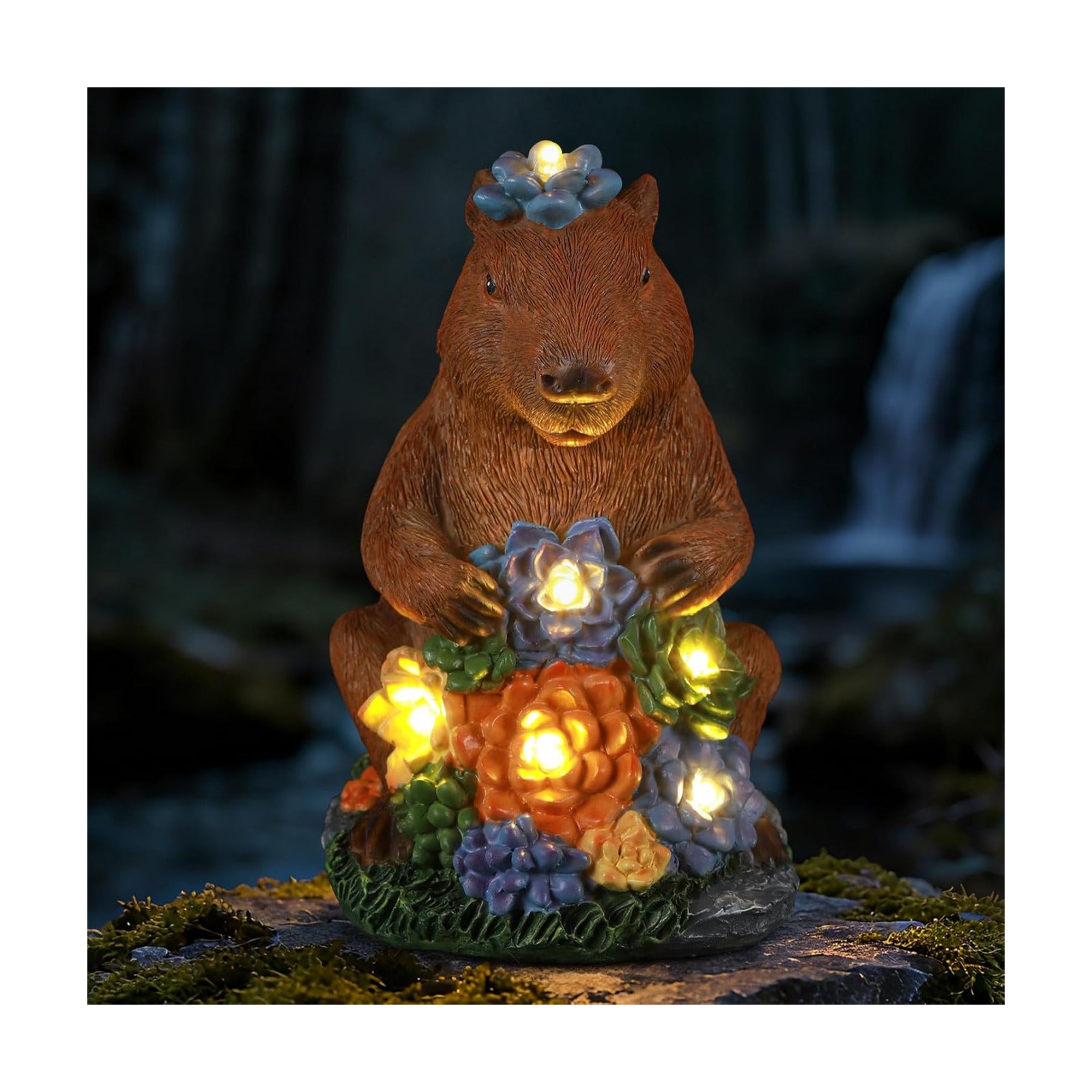 Solar Capybara Garden Statue with Flower LED Lights, Resin Capybara Garden Decor, Outdoor Statue, Patio, Yard, Pond