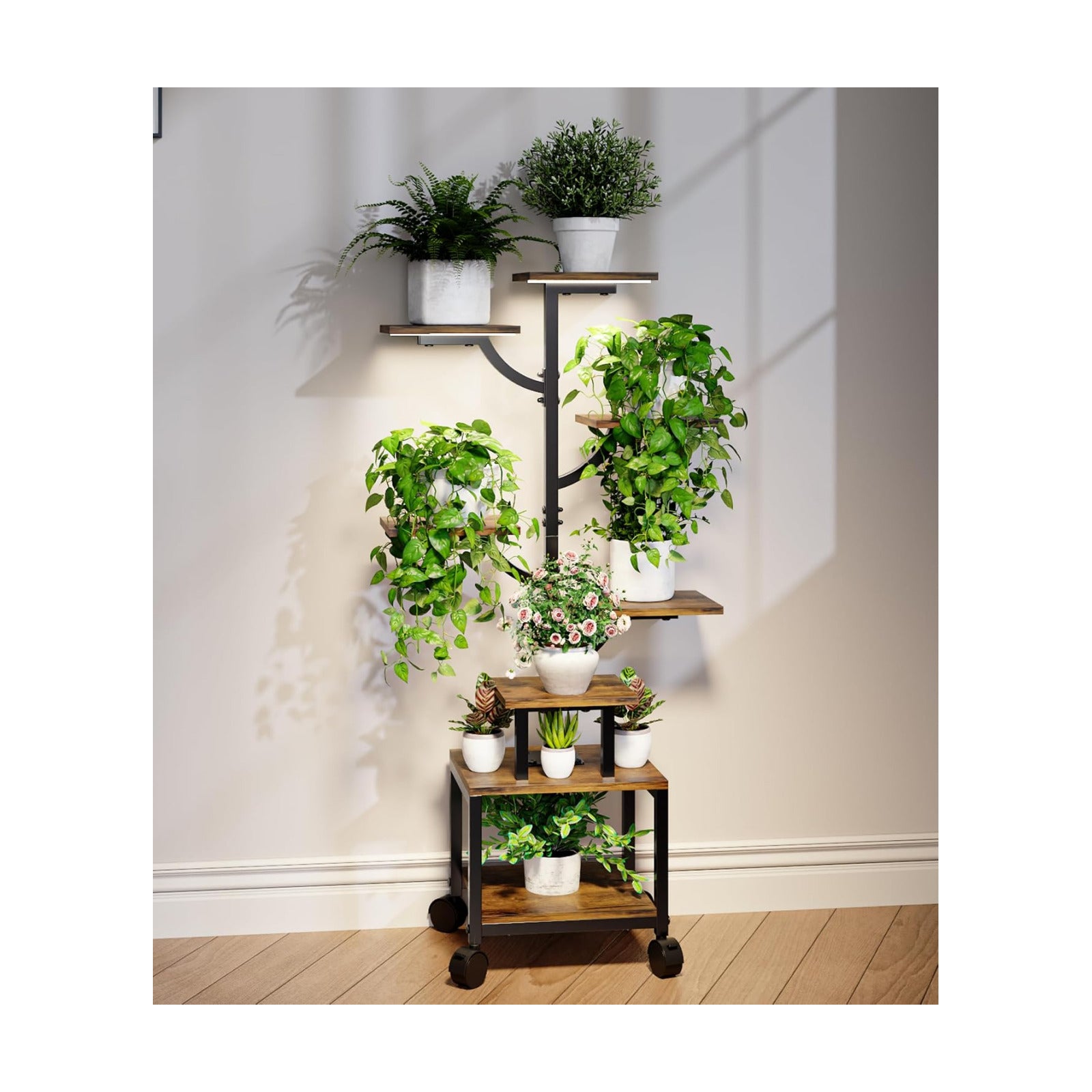 Plant Stand Indoor with Grow Lights - 7-Tier Plant Stand with Wheels, Tall Metal and Wood Indoor Plant Shelf with Tree