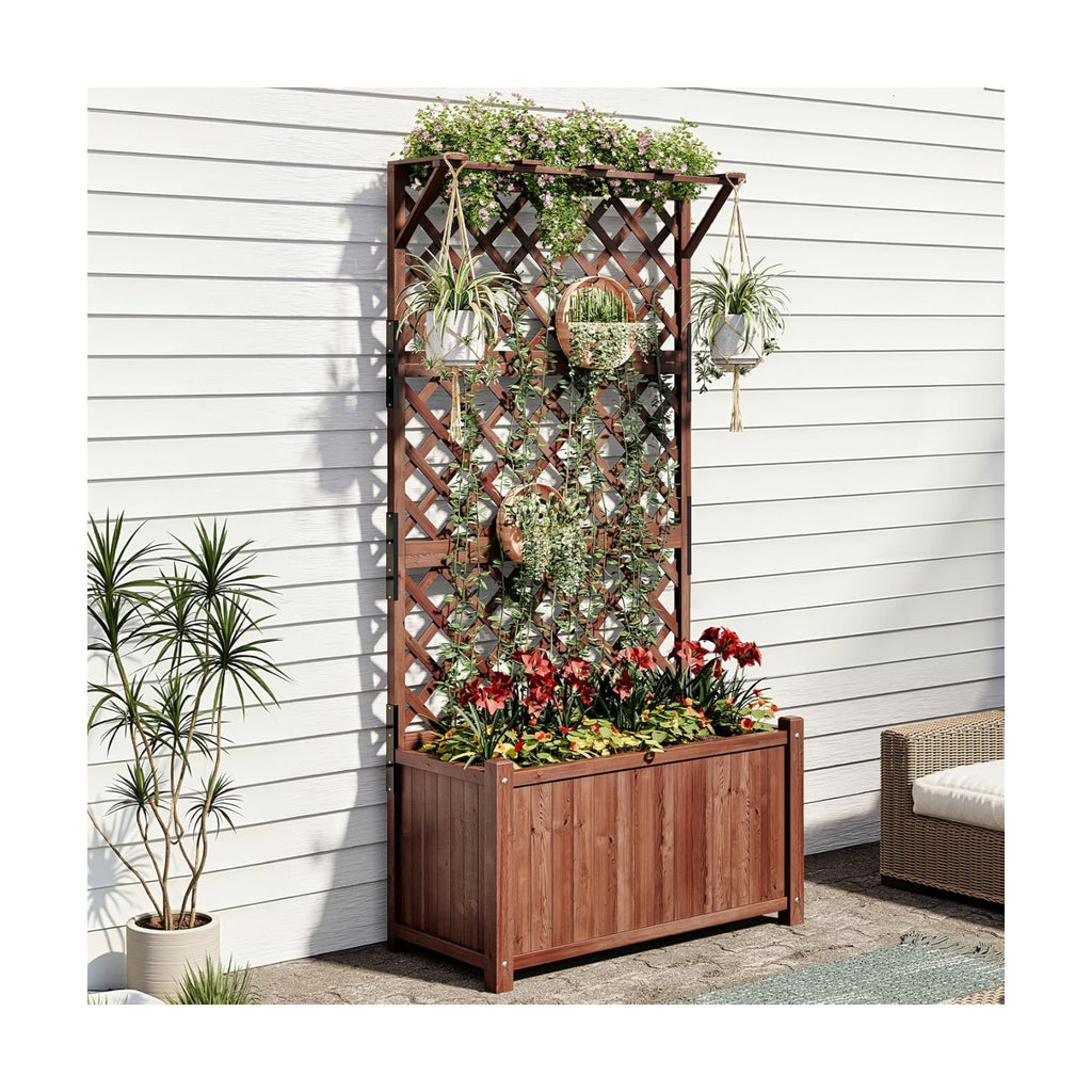 AMERLIFE Raised Garden Bed with 71" Trellis, Privacy Planter for Planting | Natural Wood Planter Box for Vegetables and