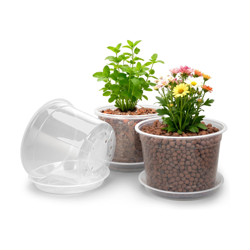 RAOOKIF 10 Inch Nursery Pots with Saucers, 4 Pack Large Size Clear Nursery Pots with Drainage Hole for Indoor Outdoor Plants, Plastic Clear Pots for Plants for Flowers, Succulents, Vegetable