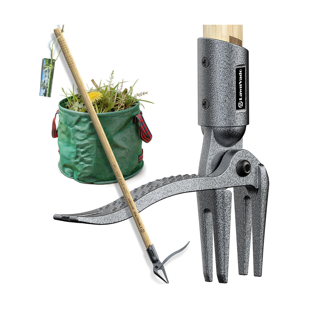 Stand Up Weed Puller Tool, Long Handle Weed Remover, 4-Claw Steel Head | Manual Root Remover, No-Bend Weeding, Bamboo