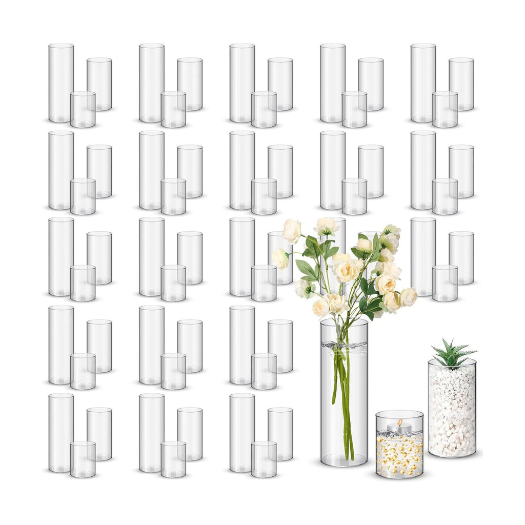 Nuogo 60 Pcs Plastic Cylinder Vases Tall Plastic Flower Vases for Centerpieces Hurricane Candle Holder for Home Wedding Office Party Formal Dinners Decorations (4''/6''/8'')
