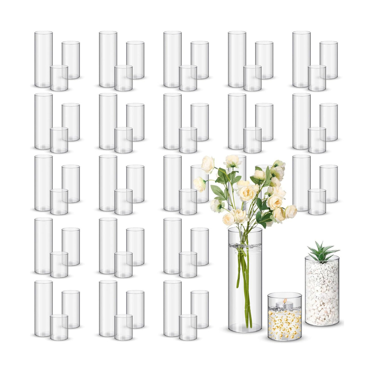 Nuogo 60 Pcs Plastic Cylinder Vases Tall Plastic Flower Vases for Centerpieces Hurricane Candle Holder for Home Wedding Office Party Formal Dinners Decorations (4''/6''/8'')