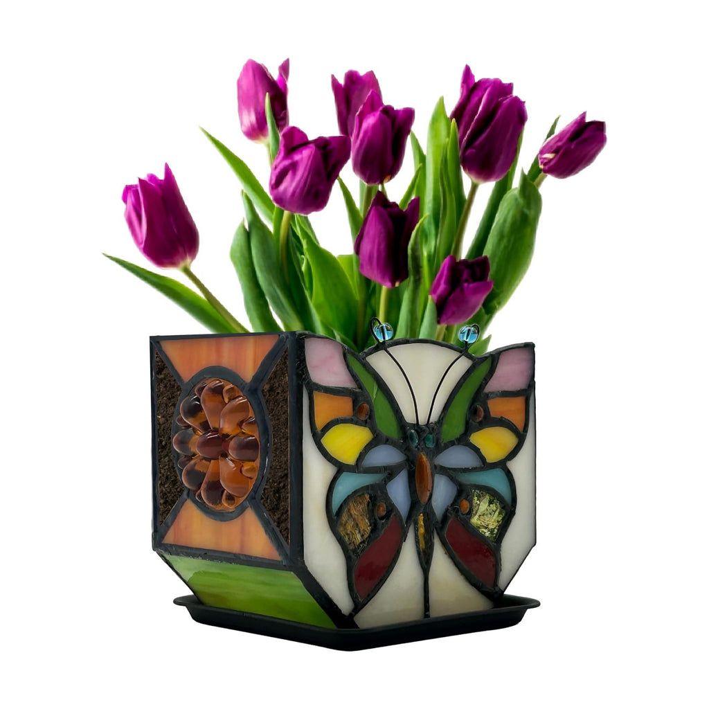 Handcrafted Stained Glass Butterfly Planter, Cute Planters for Indoor Plants,Decorative Indoor Flower Pot, Cactus Pot