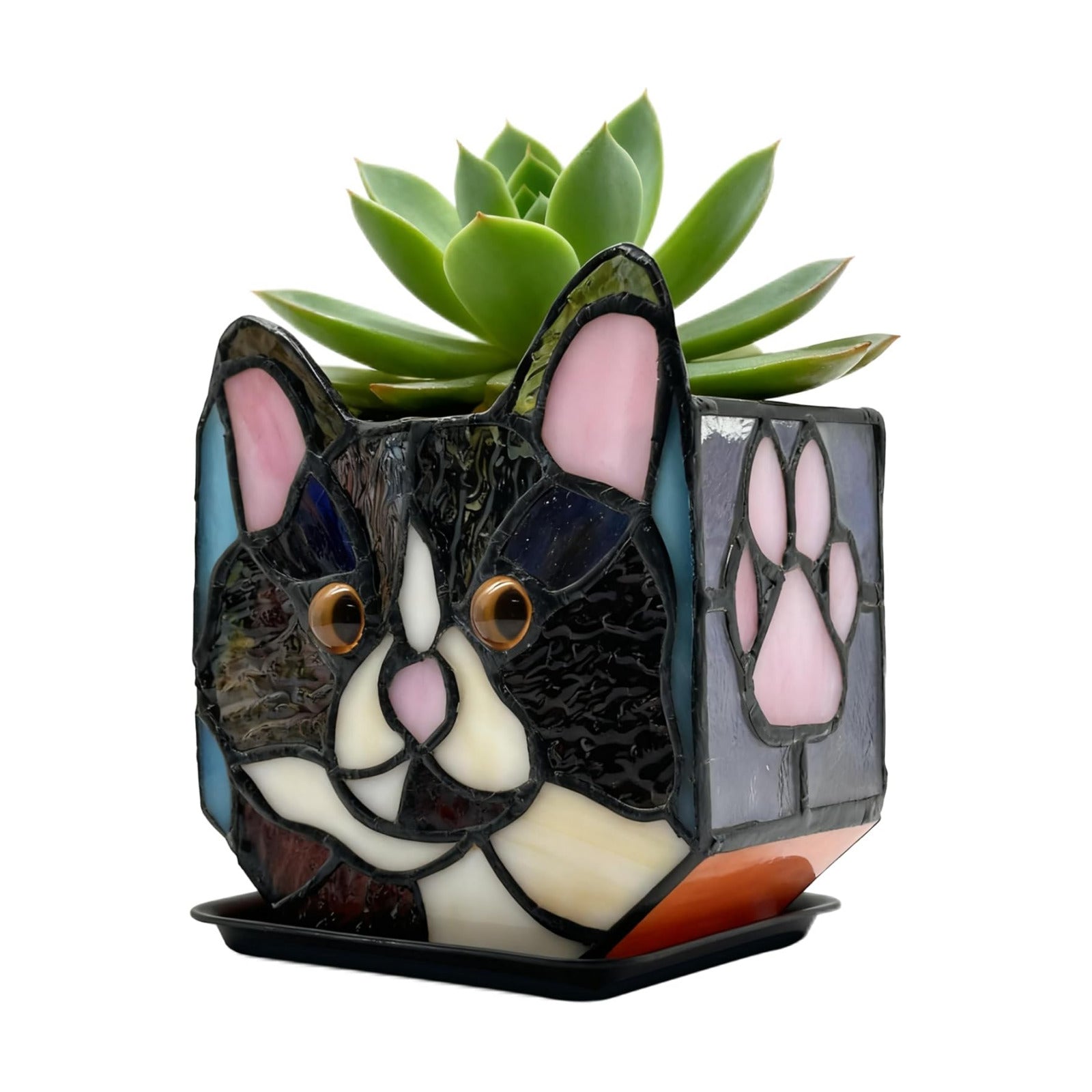 Handmade Stained Glass Black Cat Planter, Decorative Succulent Pot with Drainage, Indoor Plant Holder, Home Decor