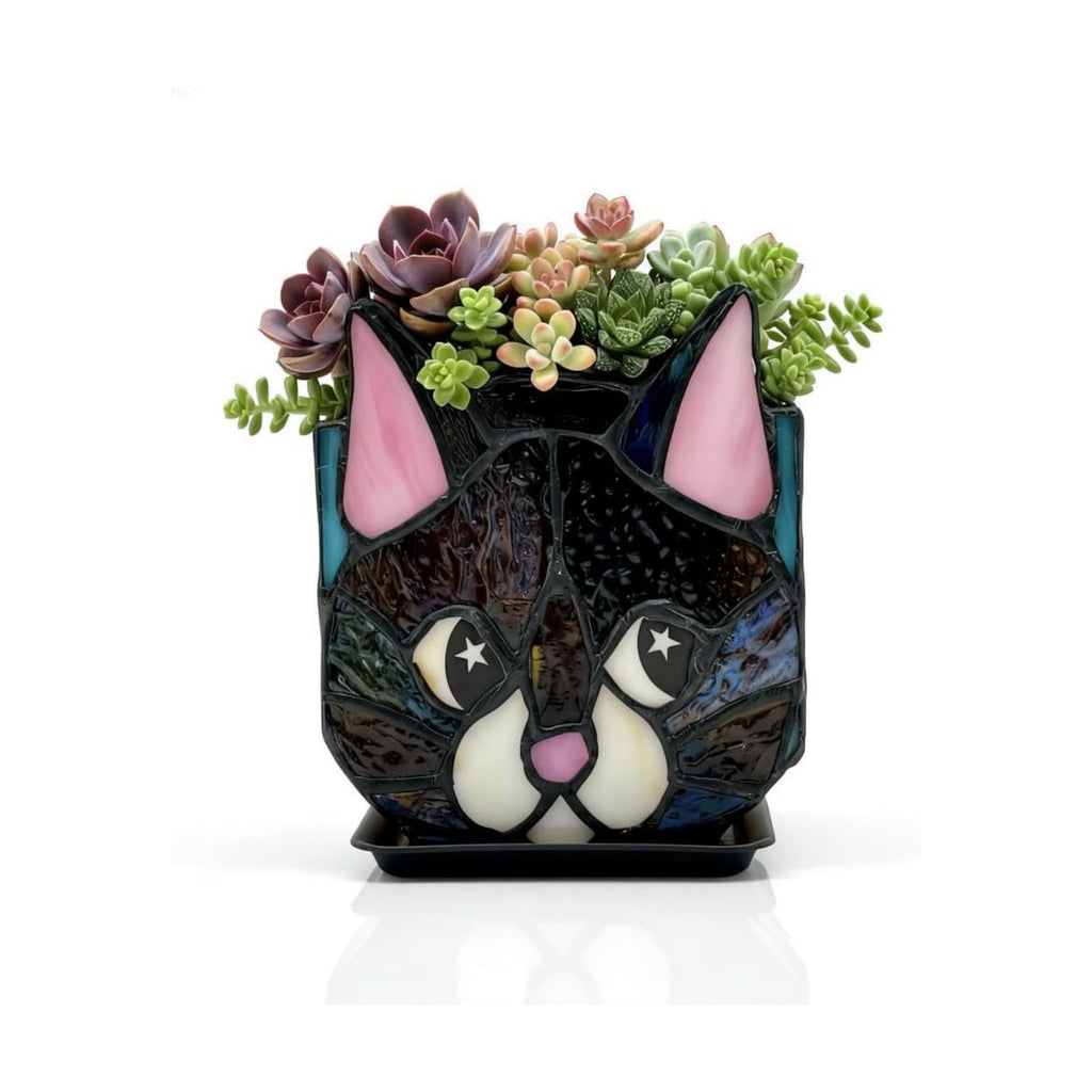 Star Black Cat Decorative Flower Pot, Handcrafted Ceramic Planter with Star Eyes, Modern Home Garden Decor