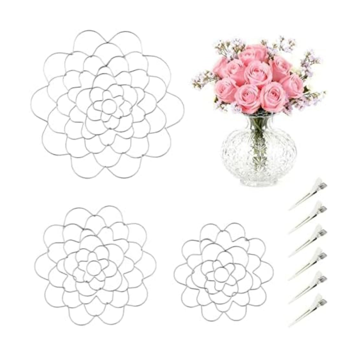 3Pcs Flower Arrangement Holder Set- Stainless Steel Floral Grid Organizer - Wire Frog Insert for Vases Bouquets DIY Home Decor(Silver)