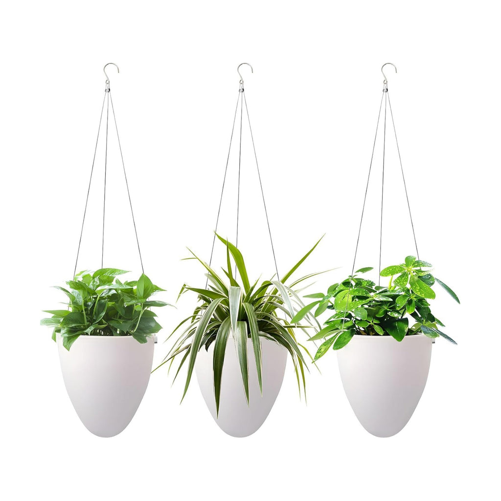 Self-Watering Hanging Planter Pot, Indoor Outdoor Plants, 6 Inch, 3 Pack | White | Stainless Steel Wire Hanger & Drip