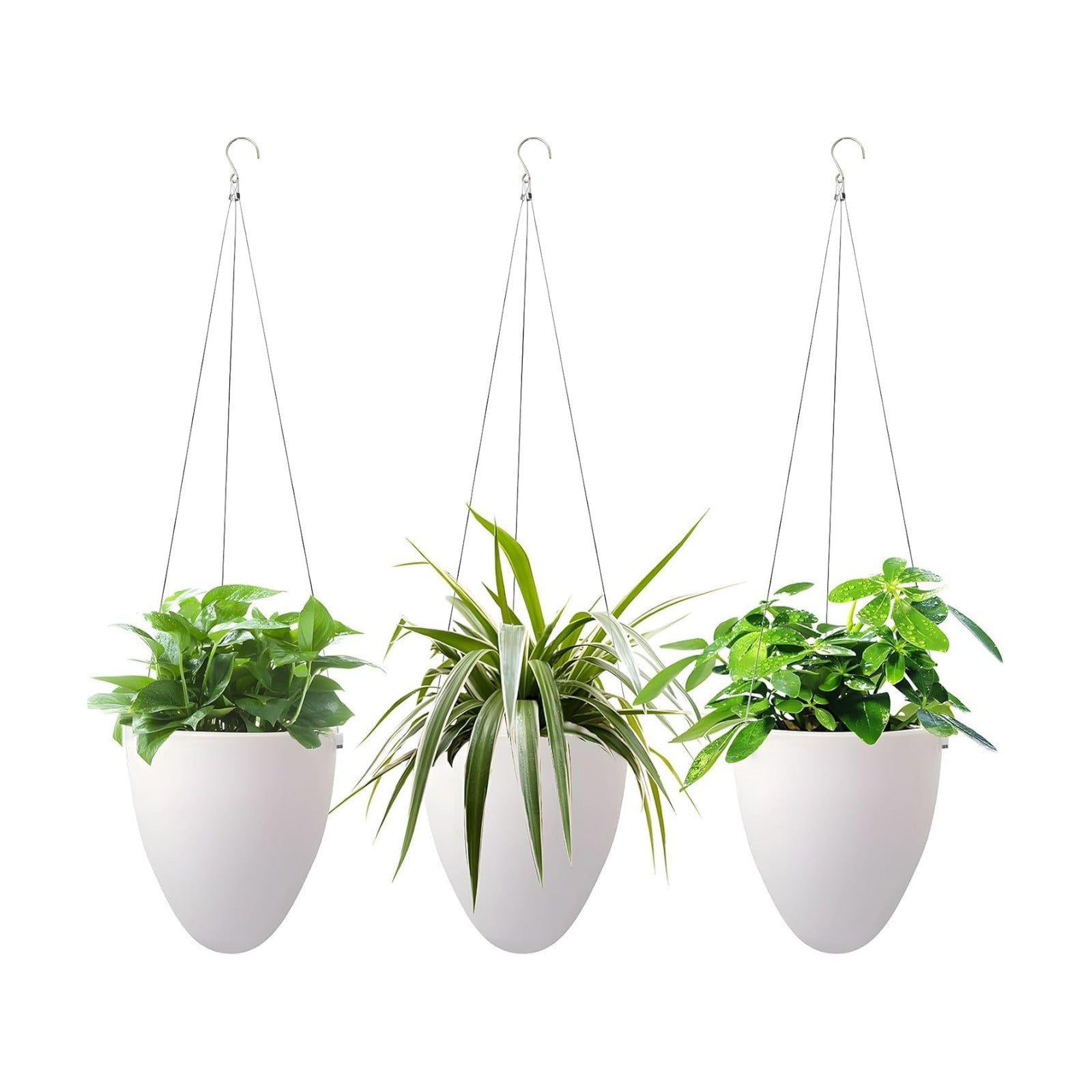 Self-Watering Hanging Planter Pot, Indoor Outdoor Plants, 6 Inch, 3 Pack | White | Stainless Steel Wire Hanger & Drip