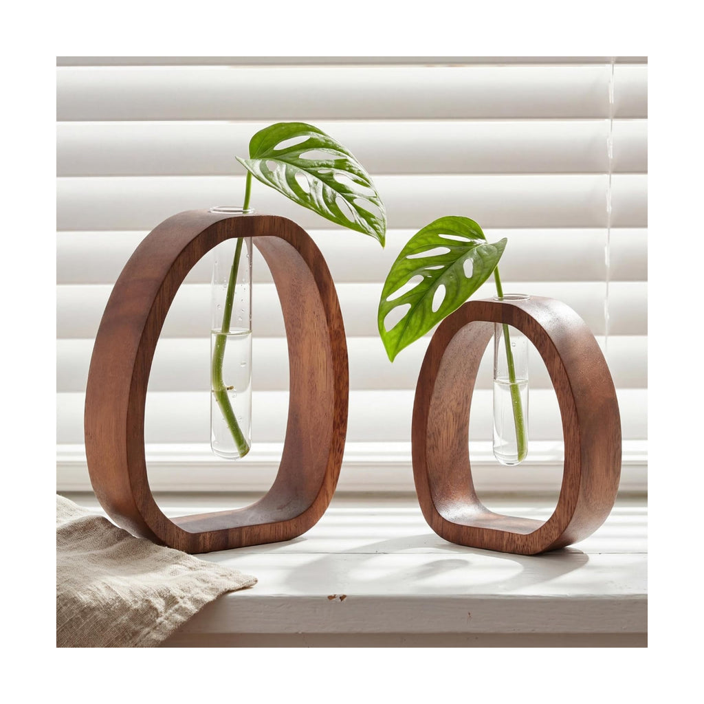 Houmury Walnut Wood Propagation Station Set of 2 Hydroponic Glass Test Tube Vases 7.5” & 5.8” for Plants Cuttings
