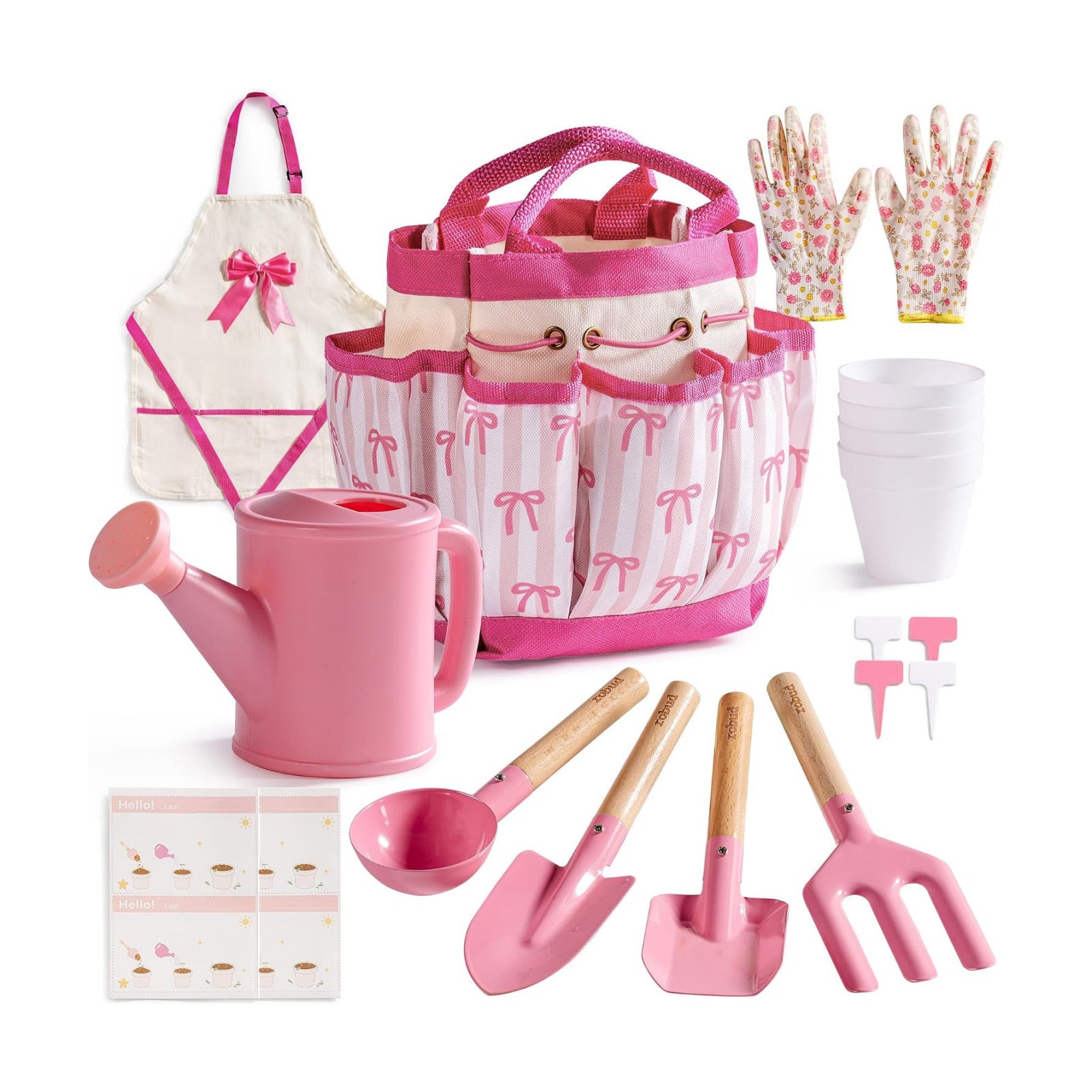 ROBUD Kids Gardening Set, Educational Outdoor STEM Gardening Toy Gift, Pink | 18 PCS Bow Theme, Storage Bag, Watering