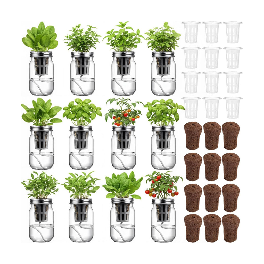 Teenyyou 12 Set Hydroponic Garden Mason Jar Kit Self Watering Herb Hydroponic Planter Starter Kit with Net Pot Garden