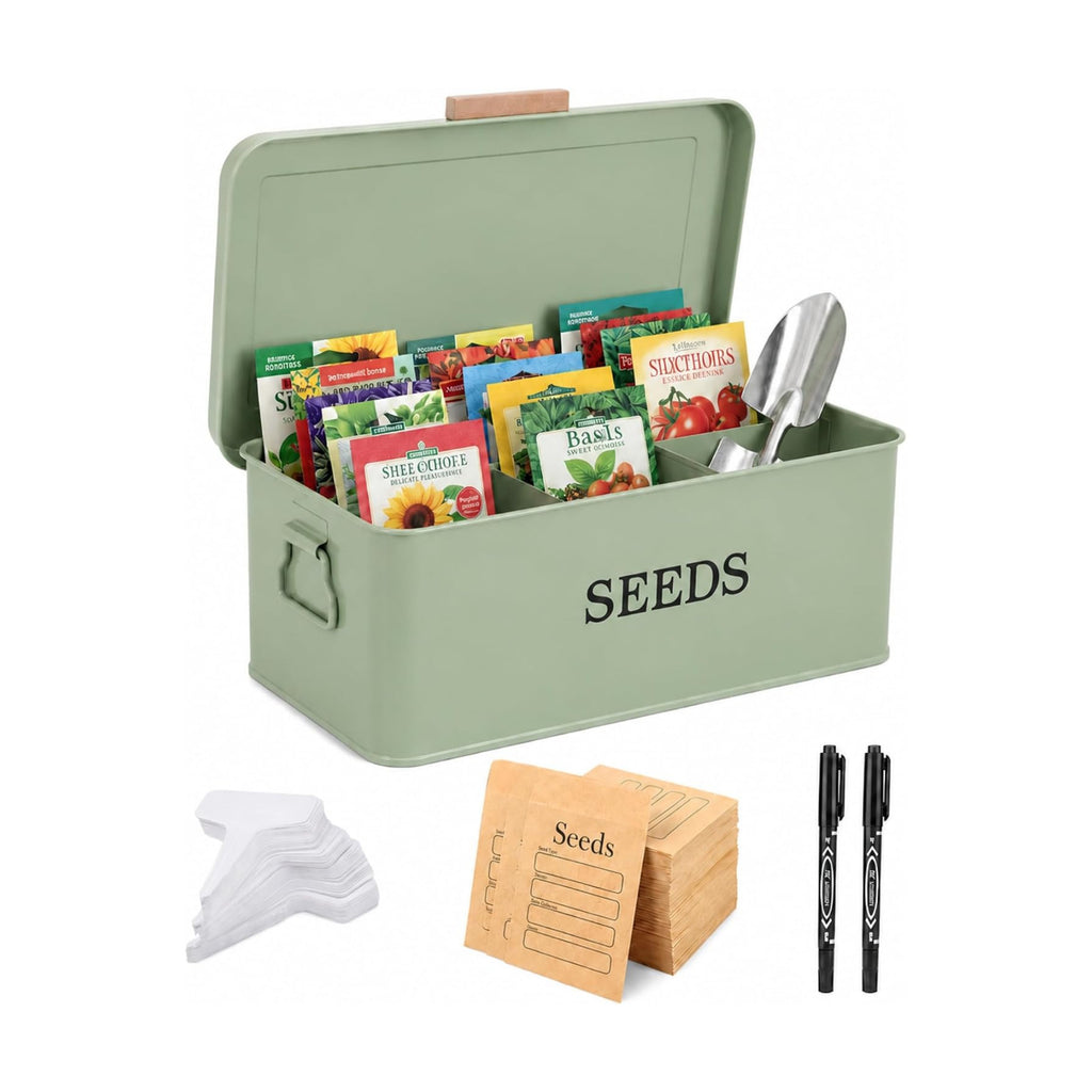 Seed Storage Organizer,Metal Seed Saving Box with Lid,4 Compartments Box with Safety Locks,Garden Supplies Container