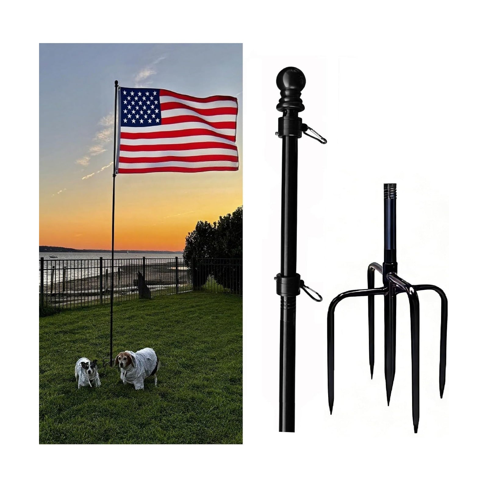 10ft Black Flag Poles in Ground for Outside, Flagpole Stand for House Ground with 5 Pronges Base