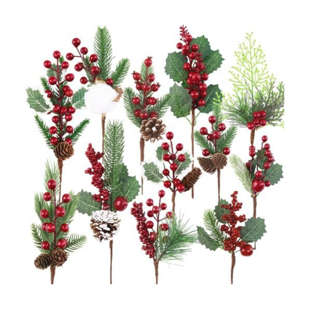 12 Pcs Pine Cones Red Berry Picks Stems Christmas Floral Picks and Sprays