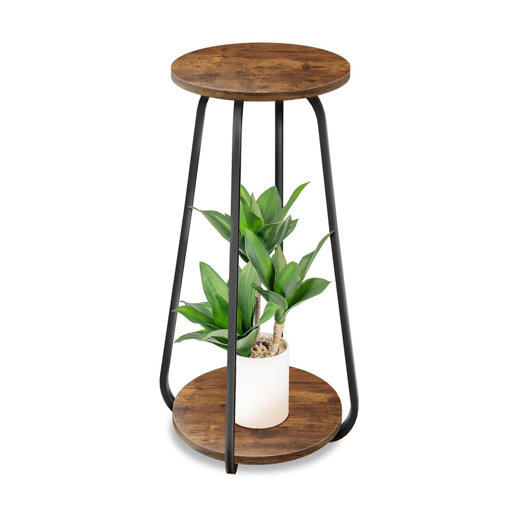 Plant Stand Indoor, 2 Tier Metal Wood Plant Shelf for Living Room | Round Plant Pedestal Stands Saves Space Flower