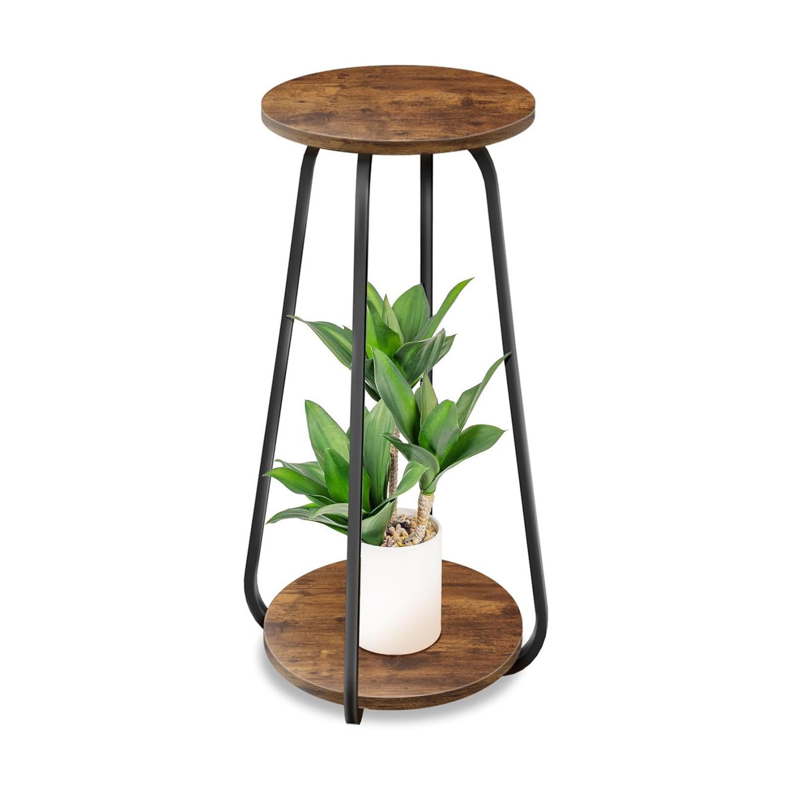 Plant Stand Indoor, 2 Tier Metal Wood Plant Shelf for Living Room | Round Plant Pedestal Stands Saves Space Flower