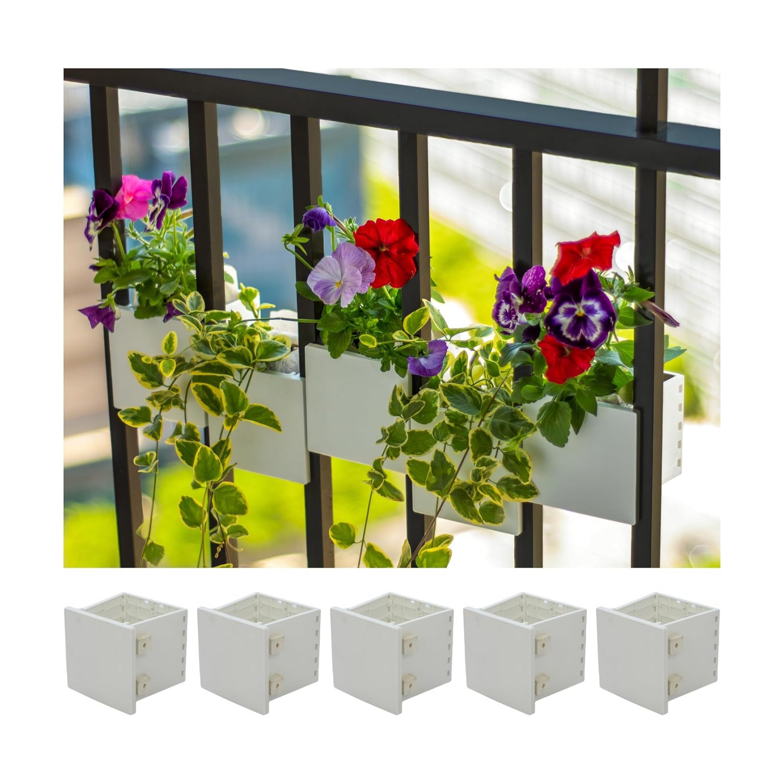 Railing Planter 5-Pack, White (4-inch) | Tool-Free Space-Saving Floating Flower Pots for Balcony Railings | Vertical