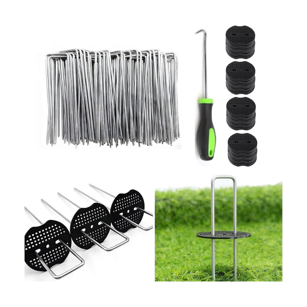 4 Inch 200 PCS Galvanized Landscape Staples with 200 PCS Gasket, Landscape Fabric Pins Stakes Lawn Ground Cover Graden